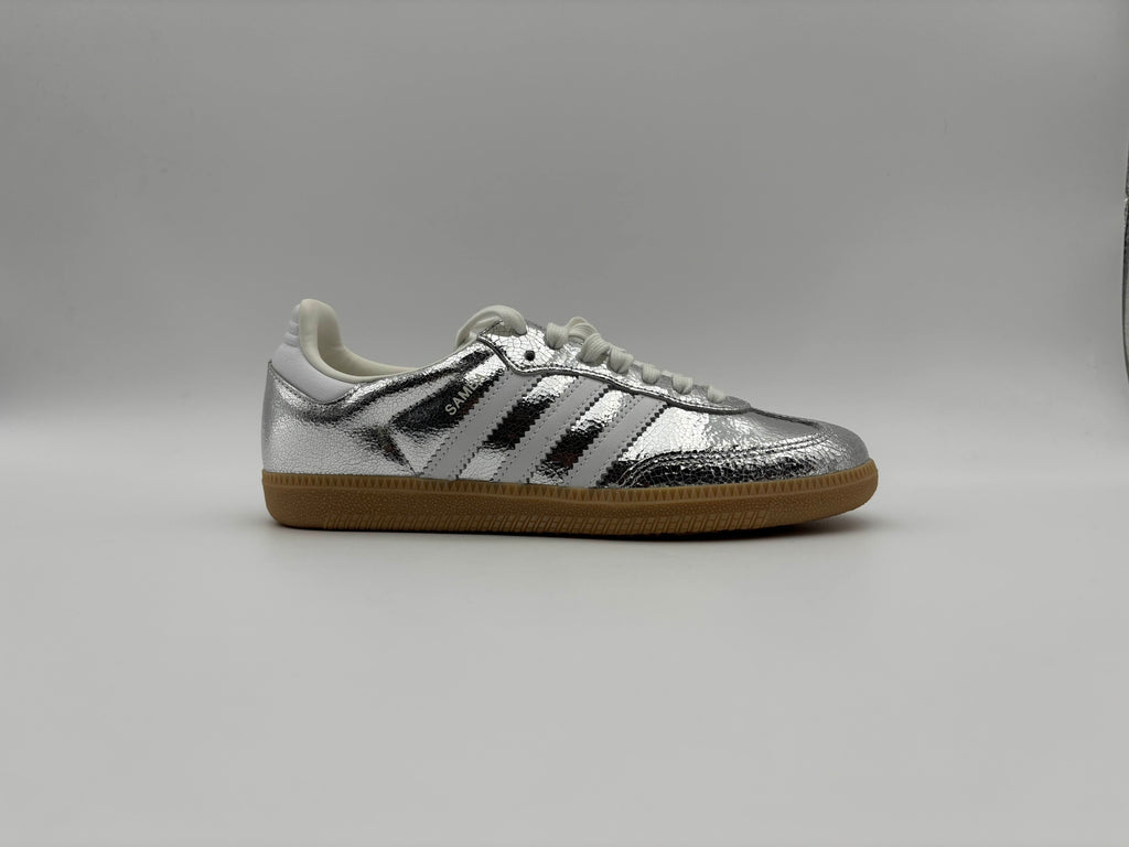 Adidas Samba OG Silver Metallic Cracked Leather sneaker side profile – premium Adidas lifestyle shoe product photo.