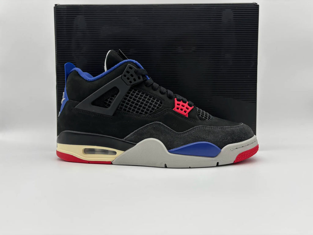 Side view of Air Jordan 4 Retro Rare Air sneakers with iconic high-top design, leather and mesh upper, and visible Air cushioning for basketball performance and streetwear style